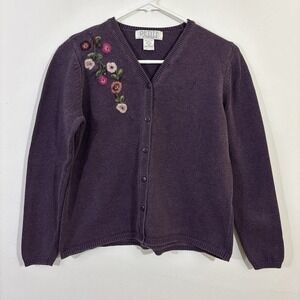 Petite Sophisticate M Floral Purple‎ Cardigan Felted Flowers Cotton Cottagecore